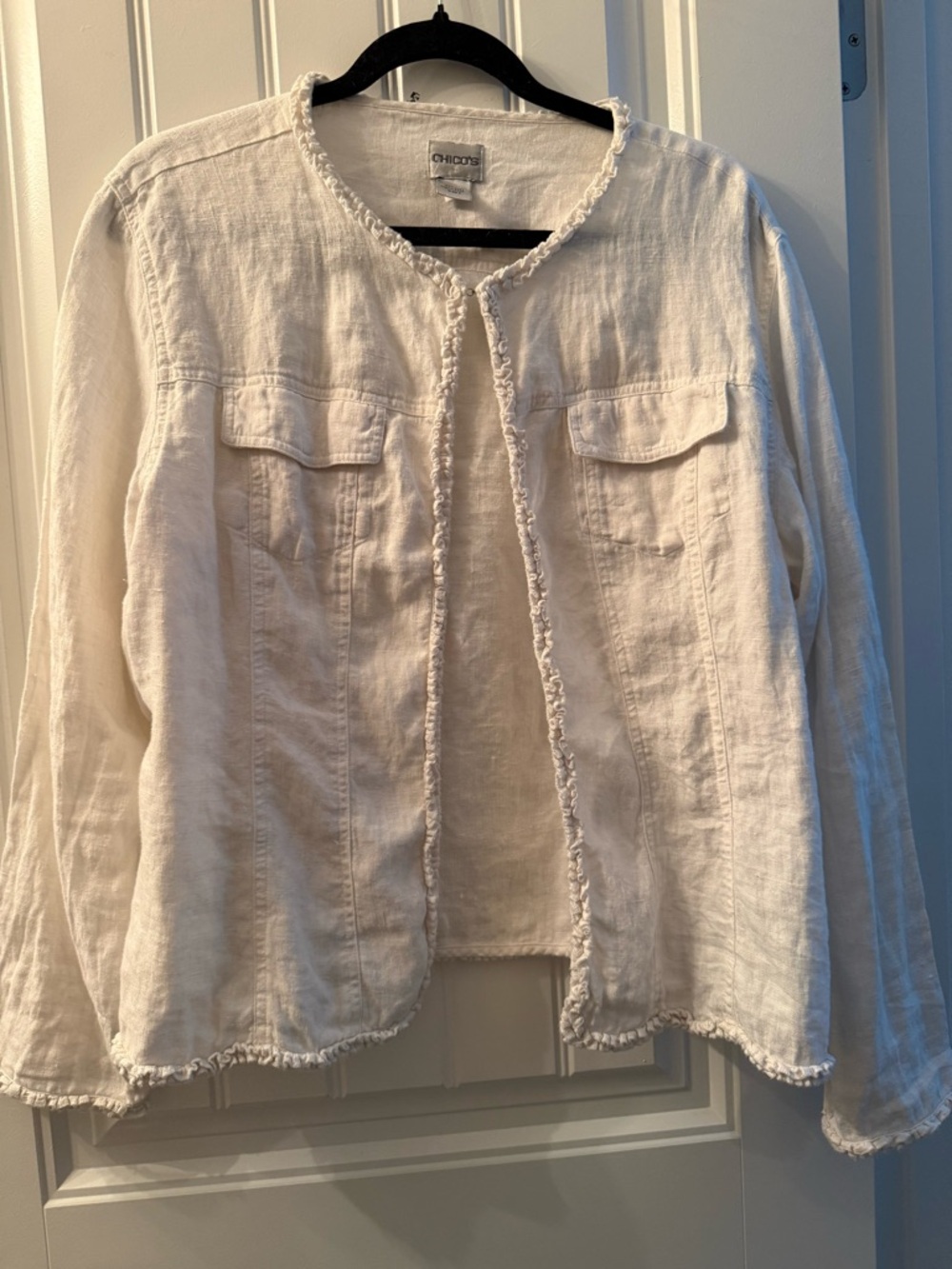 Chico's White Linen Size 3 Jacket with frayed edges 2 pockets XL Linen
